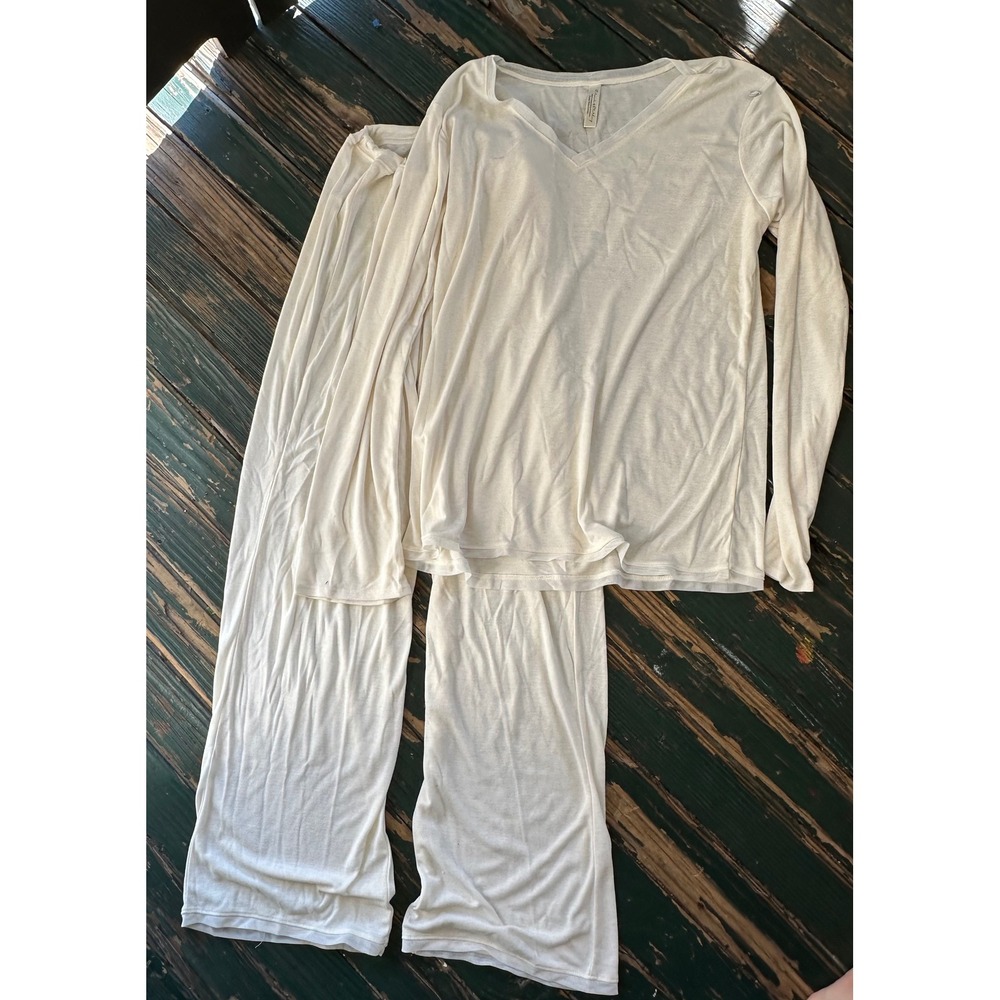 Colorado Clothing Cream Pajama Set XL Long Sleeve V-Neck Top Wide Leg Pants Mesh